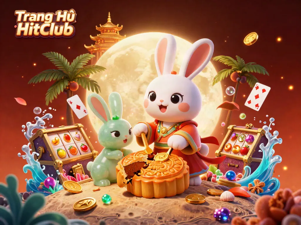 Experience thrilling gambling with Trang Chủ HitClub, featuring a whimsical moon rabbit and vibrant casino elements.