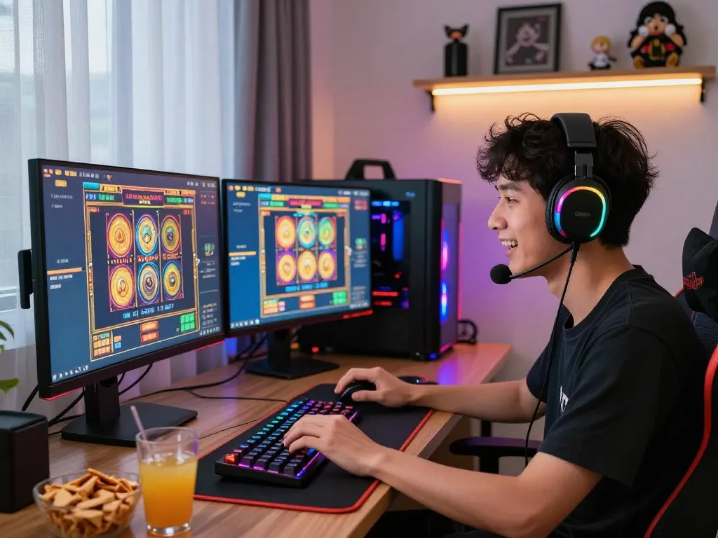 Engaging online gaming setup showcasing situs gacor excitement with vibrant colors and joyful player interaction.