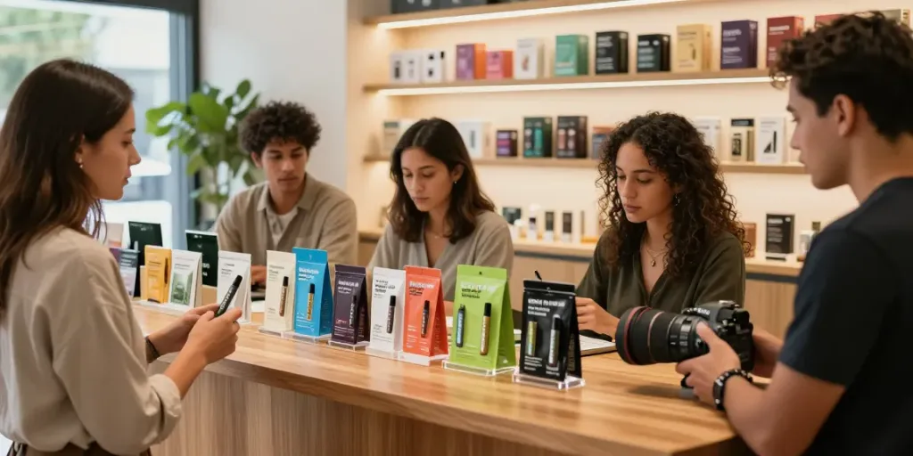 Alien Labs disposables showcased in a welcoming dispensary with diverse customers exploring products.