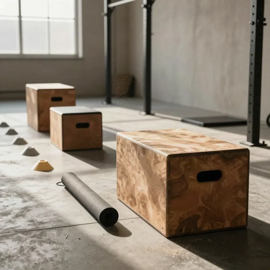Plyometric training bay with box jumps, foam hurdles, bands and cones in dramatic light