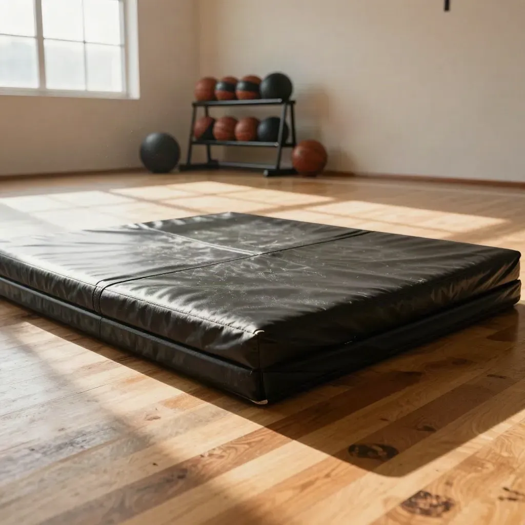 Basketball jump-training gear under a hoop shadow in a sunlit gym corner.