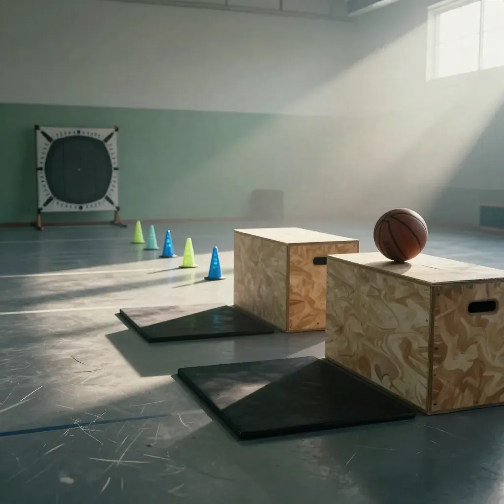 Empty jump training bay with plyo boxes, force plates, cones, and a ball in misty sidelight.