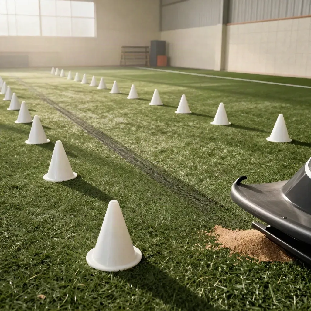 Wide turf agility lane with white cones, sprint marks, and a sled track in morning haze.
