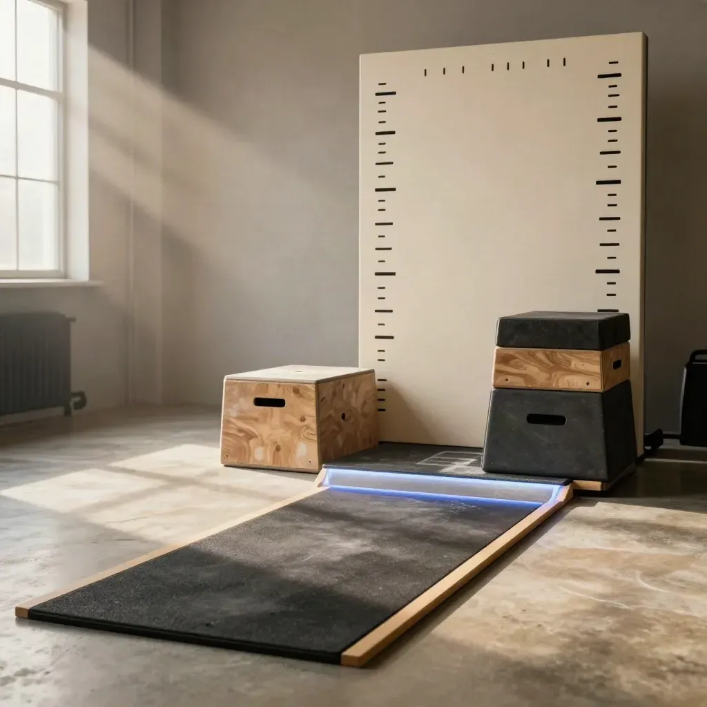 Vertical jump test station with force plates, reach target, plyo boxes and chalked lane.