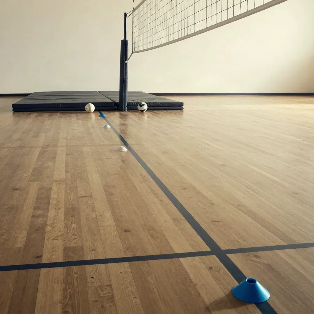 Volleyball jump-work court with cones, landing mat, ball, and net shadow under dramatic side light.
