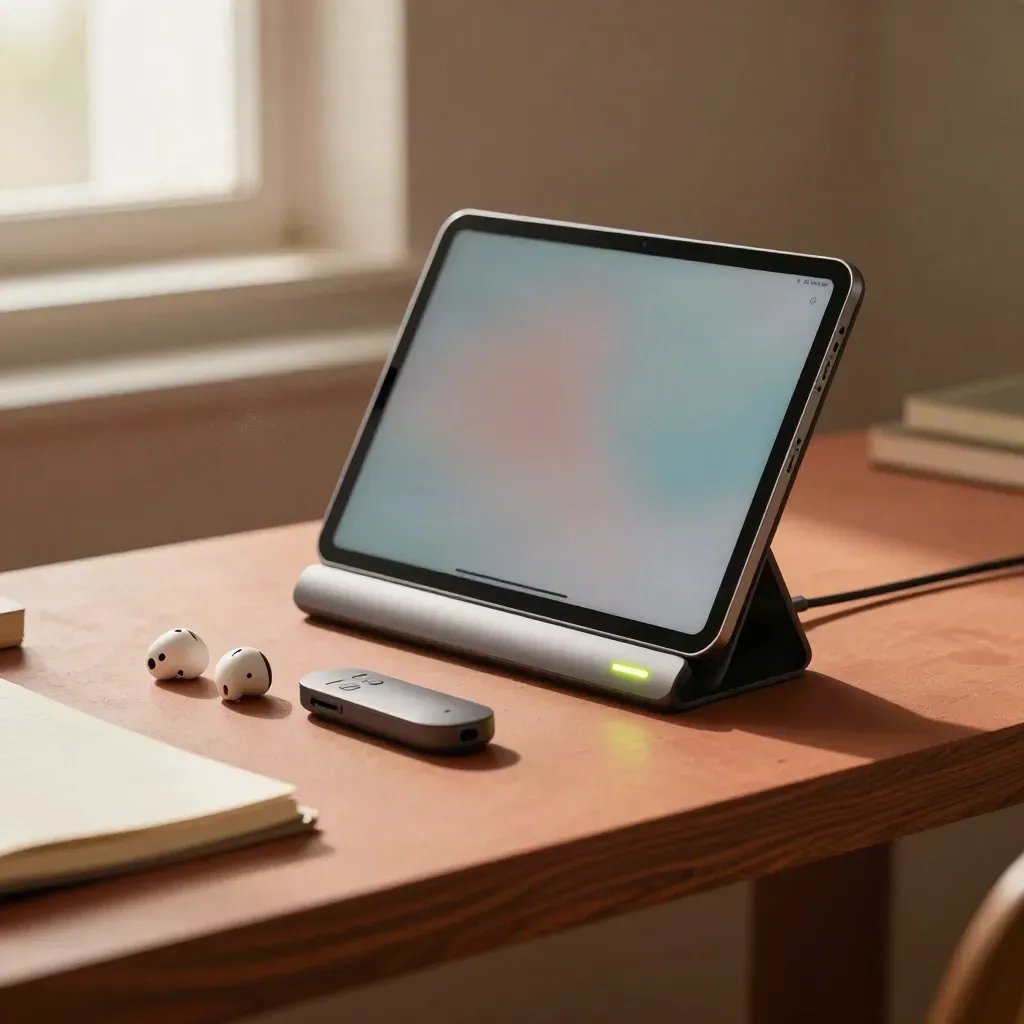 Tablet dock, earbuds, clip drive and closed notebook edge on a warm terracotta ledge in soft afternoon light.