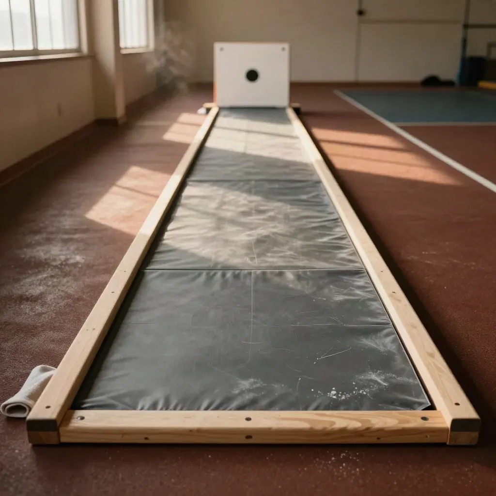 Empty gym jump lane with raised touch target, fresh landing mat, and scuffed lower jump marks.