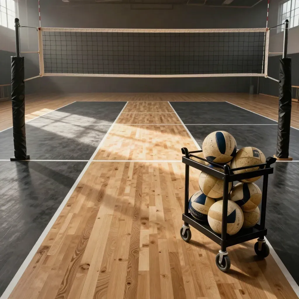 Volleyball court approach lane with raised net zone, ball cart, and polished takeoff path in moody light