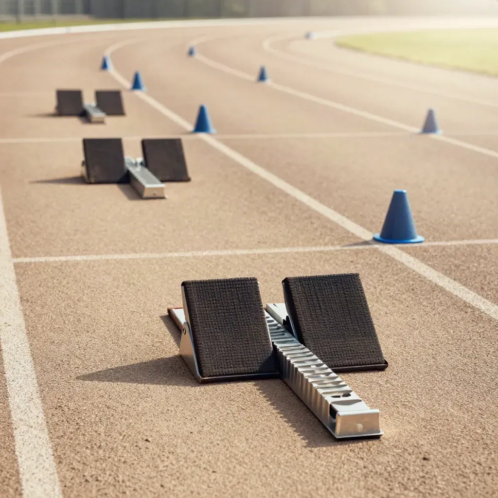 Macro sprint lane with cones, twin start blocks and low timing gates on a heat-shimmered track.