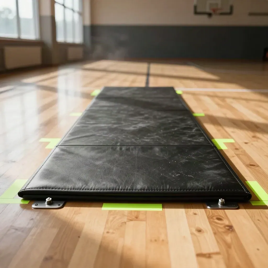Empty basketball jump station with mat, rebound pad, and lime floor markers in warm window light