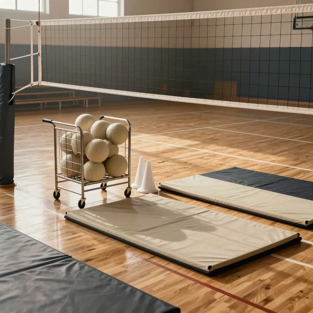 Volleyball court ready for match day with taut net, ball cart, cones, and landing mats