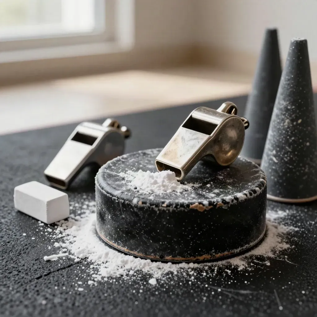 Macro still life of jump-training tools on a rubber surface: puck, chalk, whistle, cones.