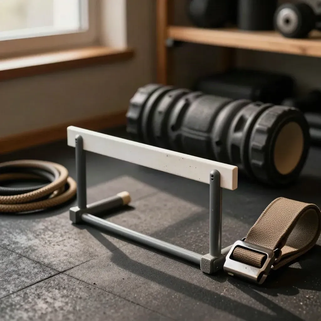 Training gear still life: hurdles, bands, foam roller, and vest buckle in dramatic light