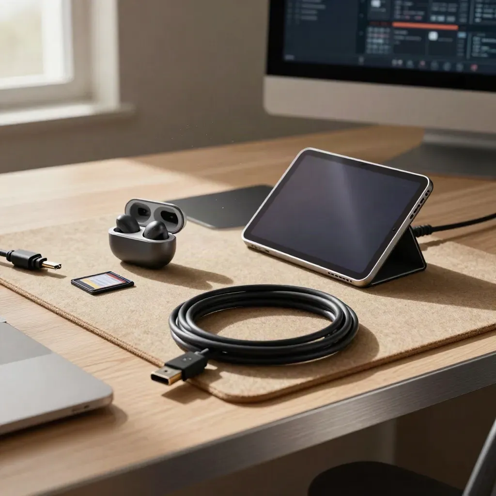 Video analyst tools: tablet dock, earbuds, SD card case, and HDMI cable on a khaki shelf.