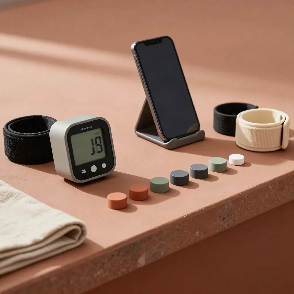 Interval timer, wristbands, phone stand, and color-coded tokens lined up on terracotta stone.