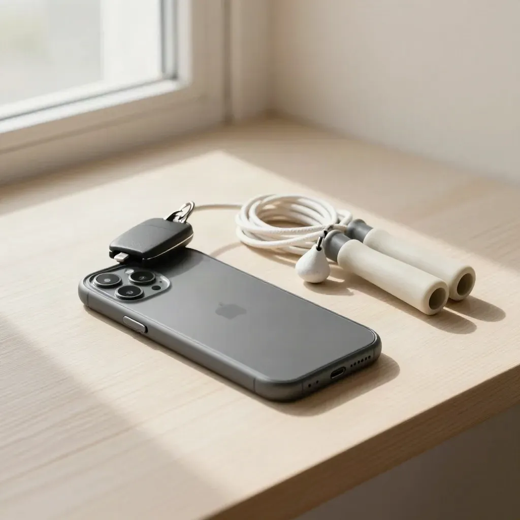Smartphone, jump rope, key fob, and cone charm on pale wood in soft light.