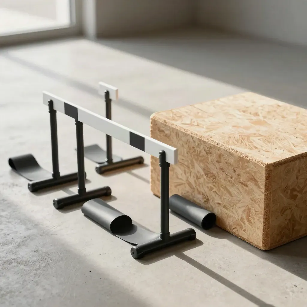Mini hurdles, resistance bands, and plyo block corner on pale concrete in soft side light