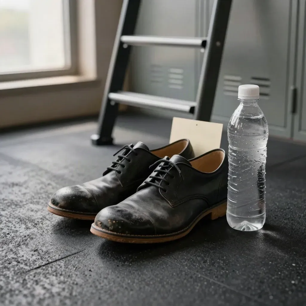 Worn court shoes, speed ladder segment, and water bottle on a gym floor