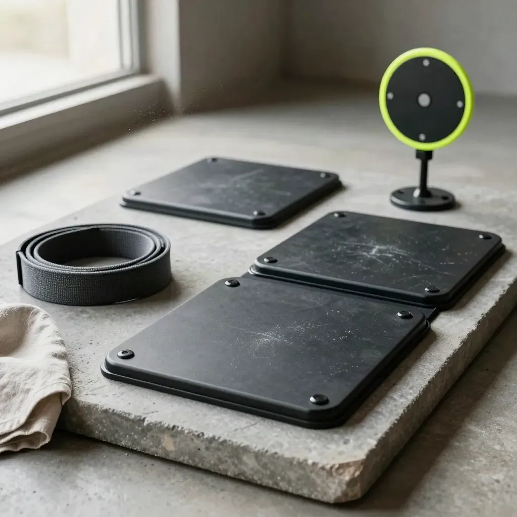 Force plates, recovery strap, and rebound target on a stone tray in soft light.