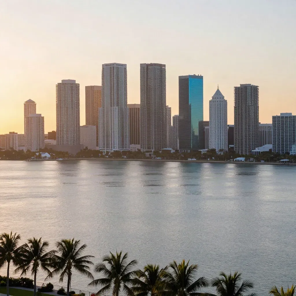 Miami skyline at sunrise above calm bay, palms and golden haze.