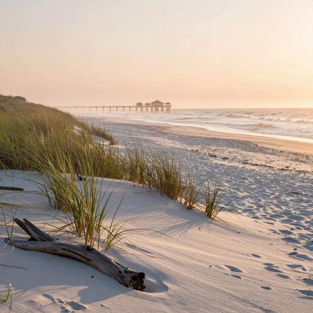 Peach dawn over a Florida beach with dune grass, surf mist, and a low pier silhouette.