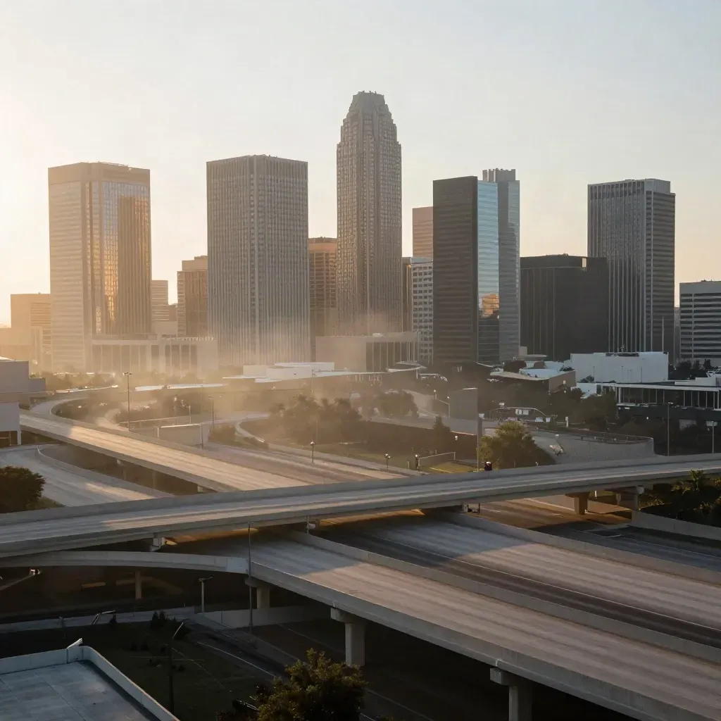 Sunrise skyline over a hazy freeway in Texas, towers glowing above calm concrete