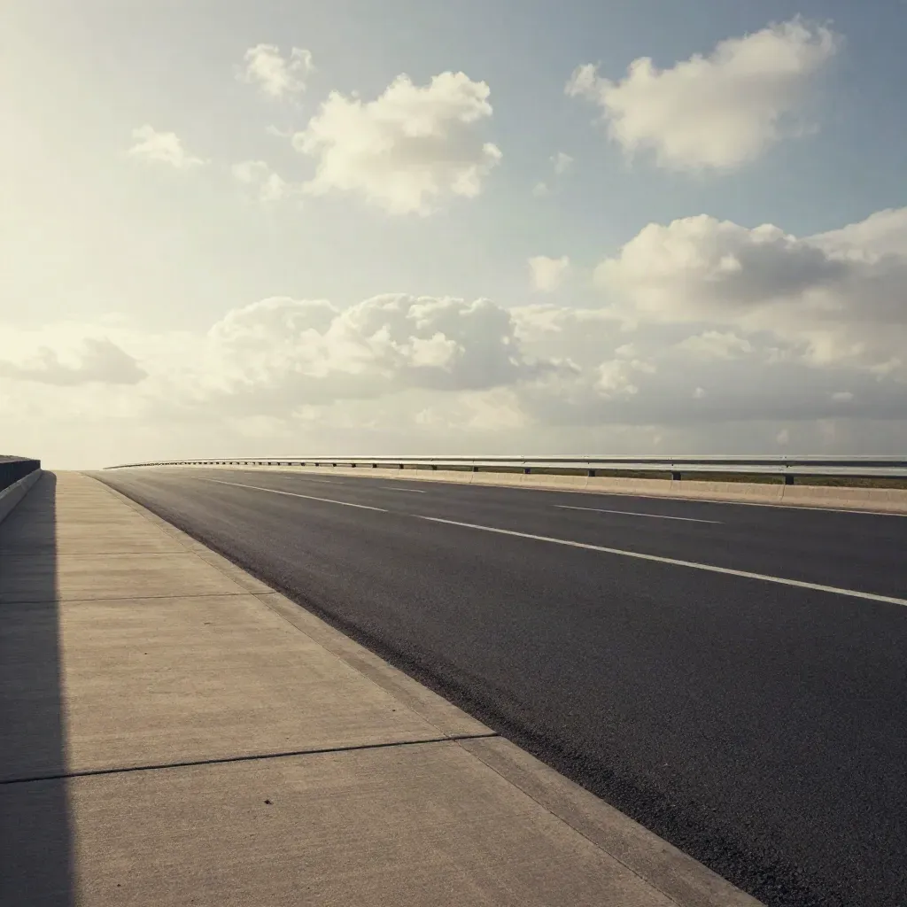 Empty interstate vanishing to a bright sky under layered clouds, with calm haze-softened road surface