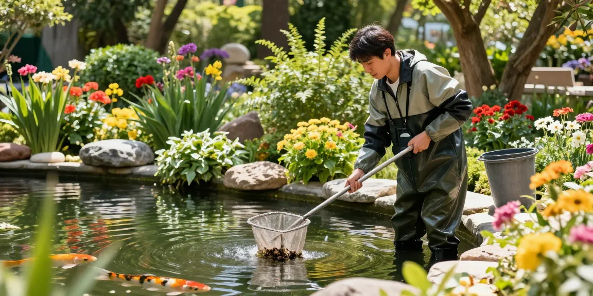 Professional pond cleaning Kent expert removing debris from a serene garden pond, surrounded by vibrant plants and koi fish.