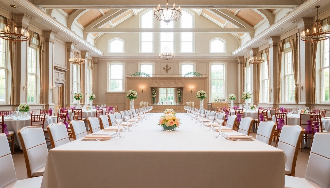 Stowe Venue Hire beautifully set banquet hall showcasing elegant decorations and natural light.