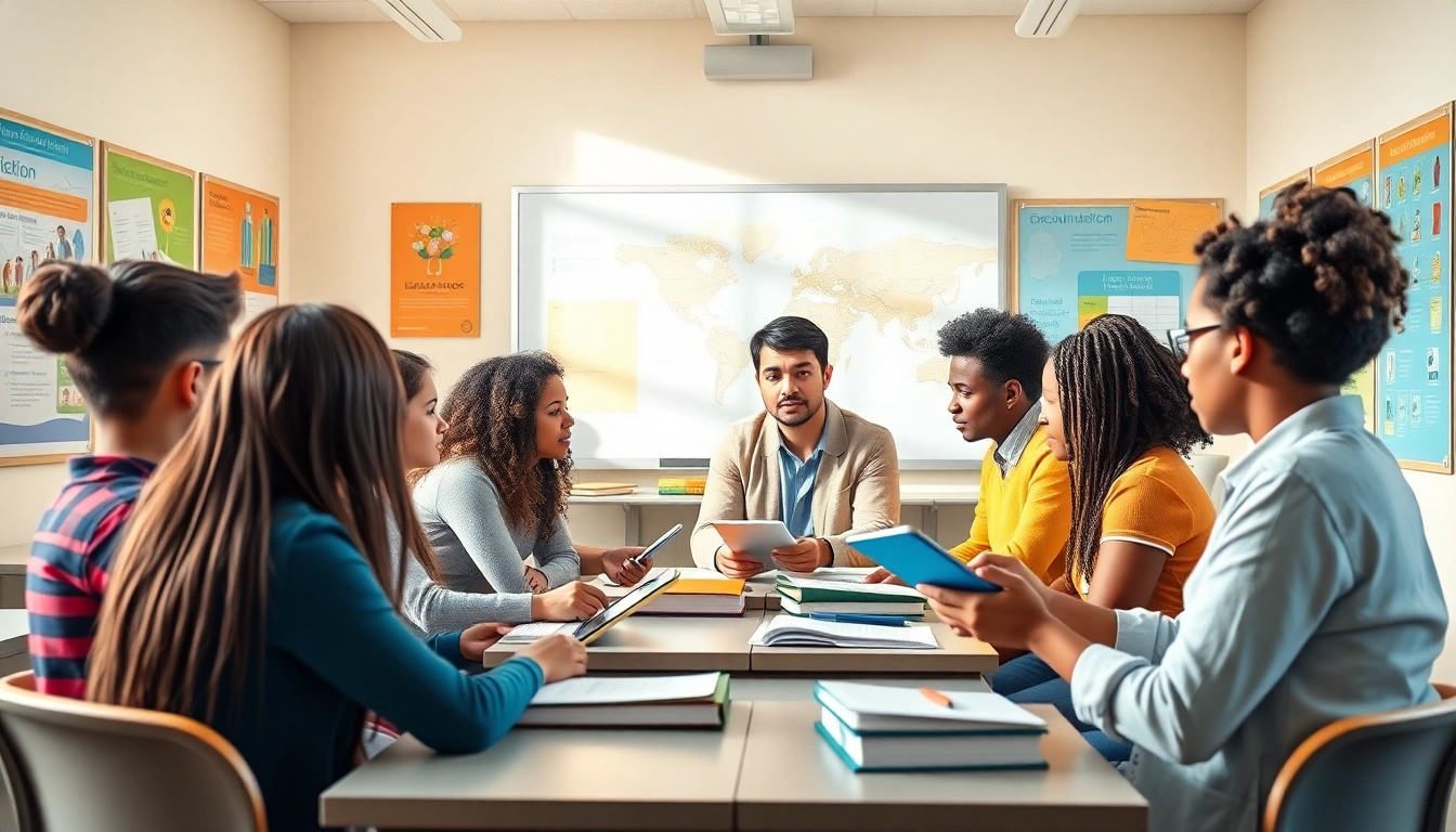 Education reform scene with diverse students engaged in interactive learning activities.
