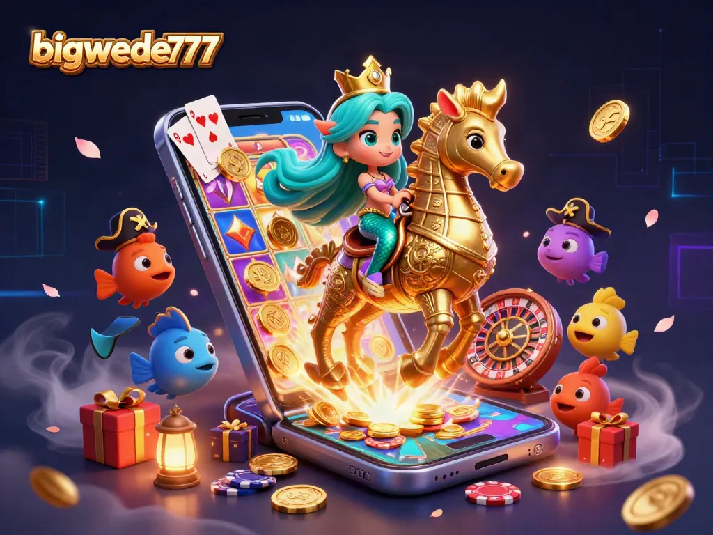 A dynamic scene featuring bigwede777 with a mermaid princess and her seahorse amid colorful slot game elements.