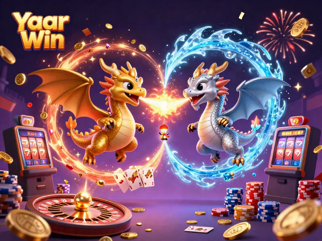 Join the excitement of Yaar Win with dynamic dragons and thrilling casino elements in a vibrant, magical scene.