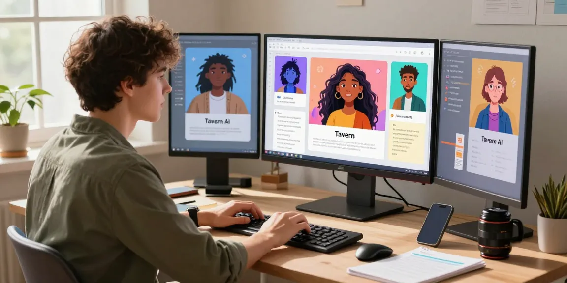 Engaging user experience with Tavern AI featuring vibrant character designs and a creative workspace.
