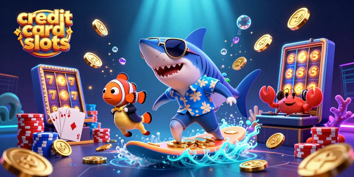 Experience thrilling credit card slots with dynamic characters surfing on gold coins in a vibrant casino scene