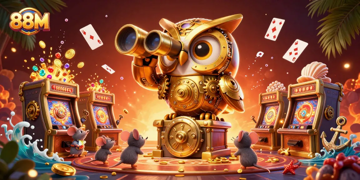 88M reveals an enchanting casino scene with a golden owl and mouse patrons amidst a wealth of treasures.