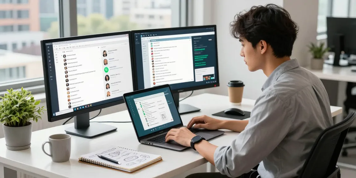 Using WhatsApp電腦版 on a laptop in a stylish office workspace for seamless communication.