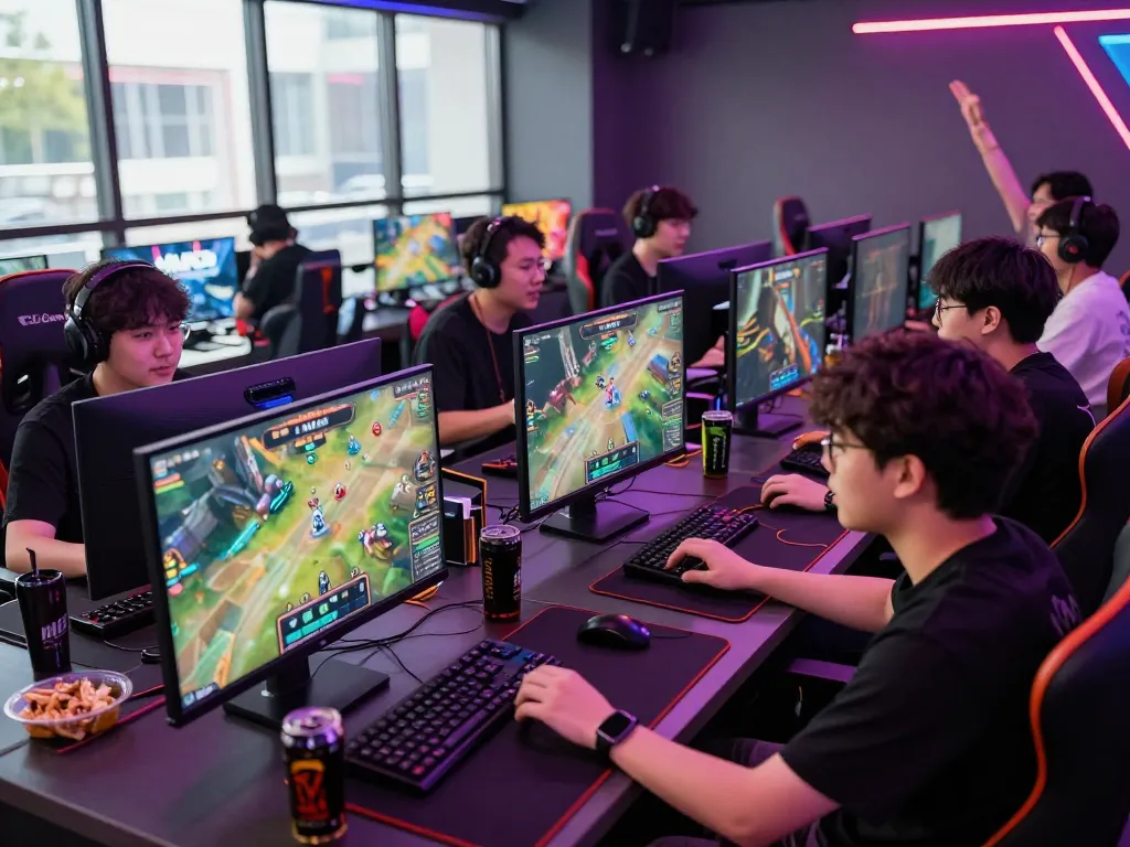 Exciting gaming lounge bustling with young players placing bets on nổ hũ hubet88 esports.