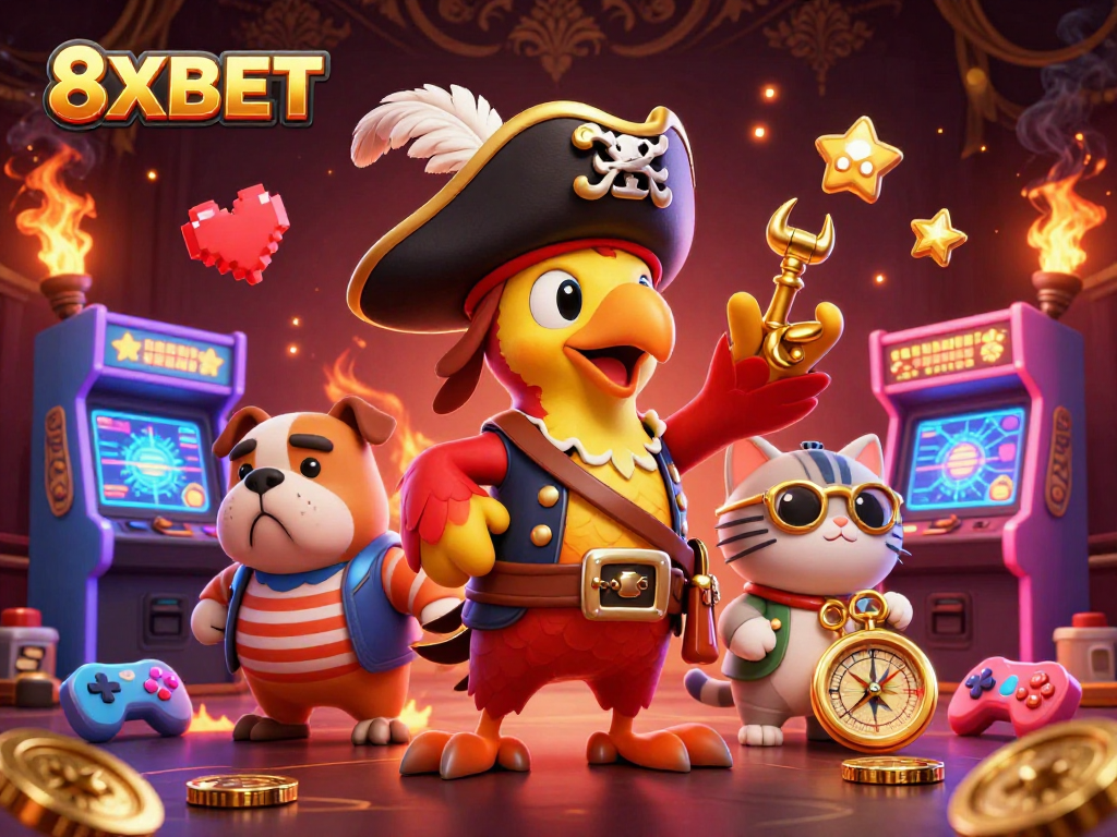 Engage with interactive 8XBET visuals featuring a pirate captain, arcade games, and casino elements.