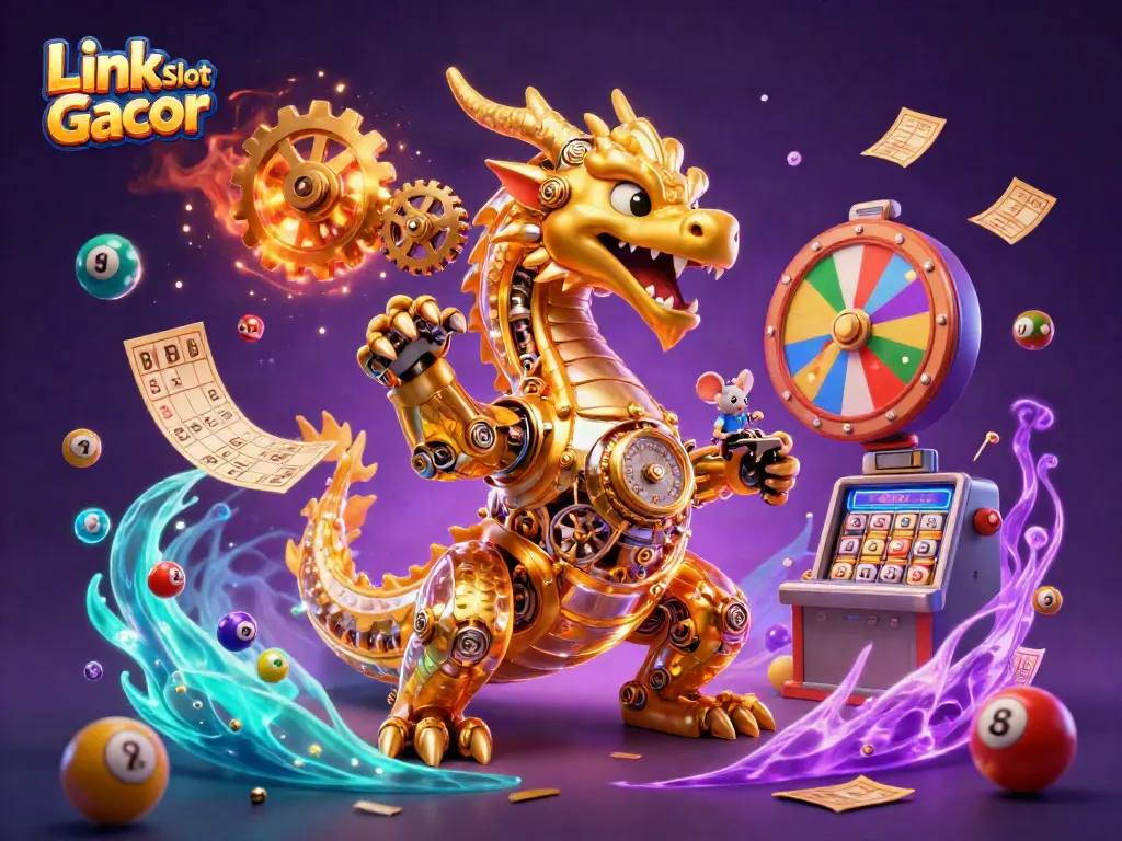 Link Slot Gacor menampilkan naga emas mekanis dalam ilustrasi 3D berwarna-warni dan elemen permainan judi.