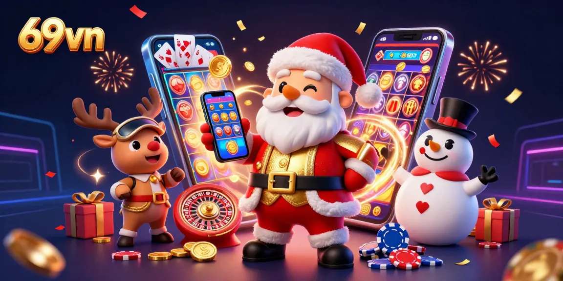 Experience the excitement of 69vn's jackpot slots with Santa and friends in a festive casino scene.