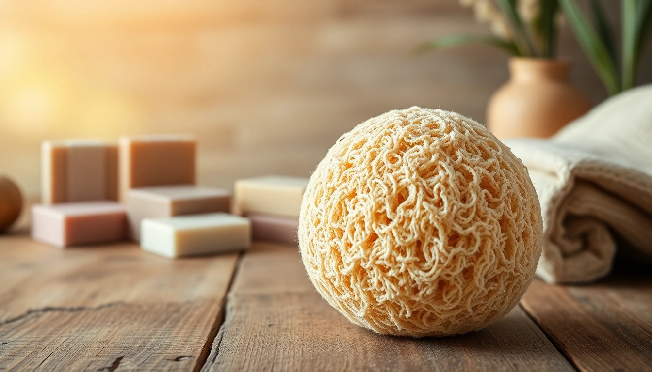 Examine a raw loofah sponge with natural textures and complimentary soaps for eco-friendly care.