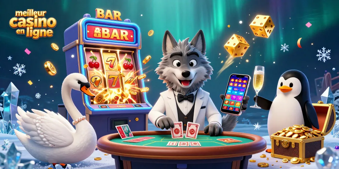 Illustration dynamique pour le meilleur casino en ligne avec personnages cartoon et éléments de jeu