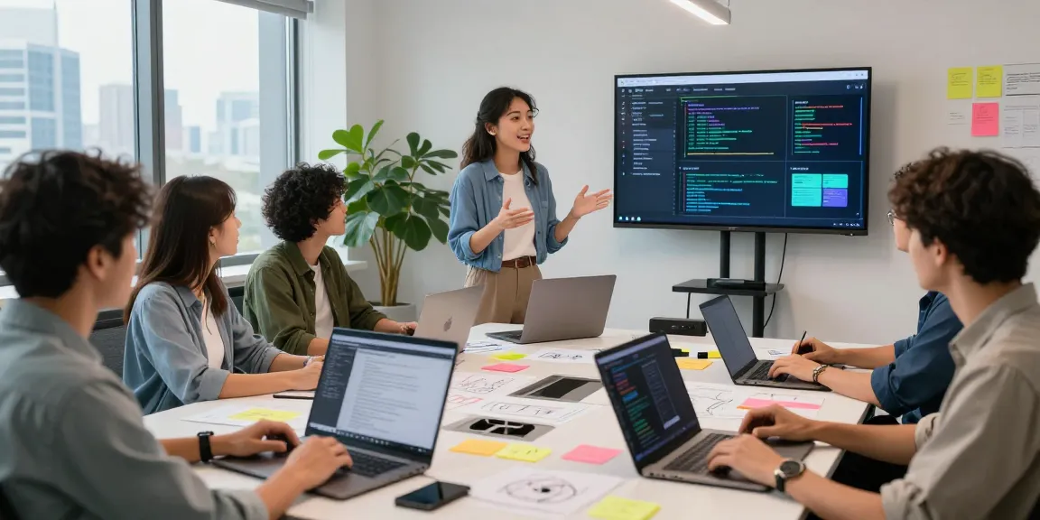 Kobold AI developers collaborating in a modern workspace with vibrant code and designs.