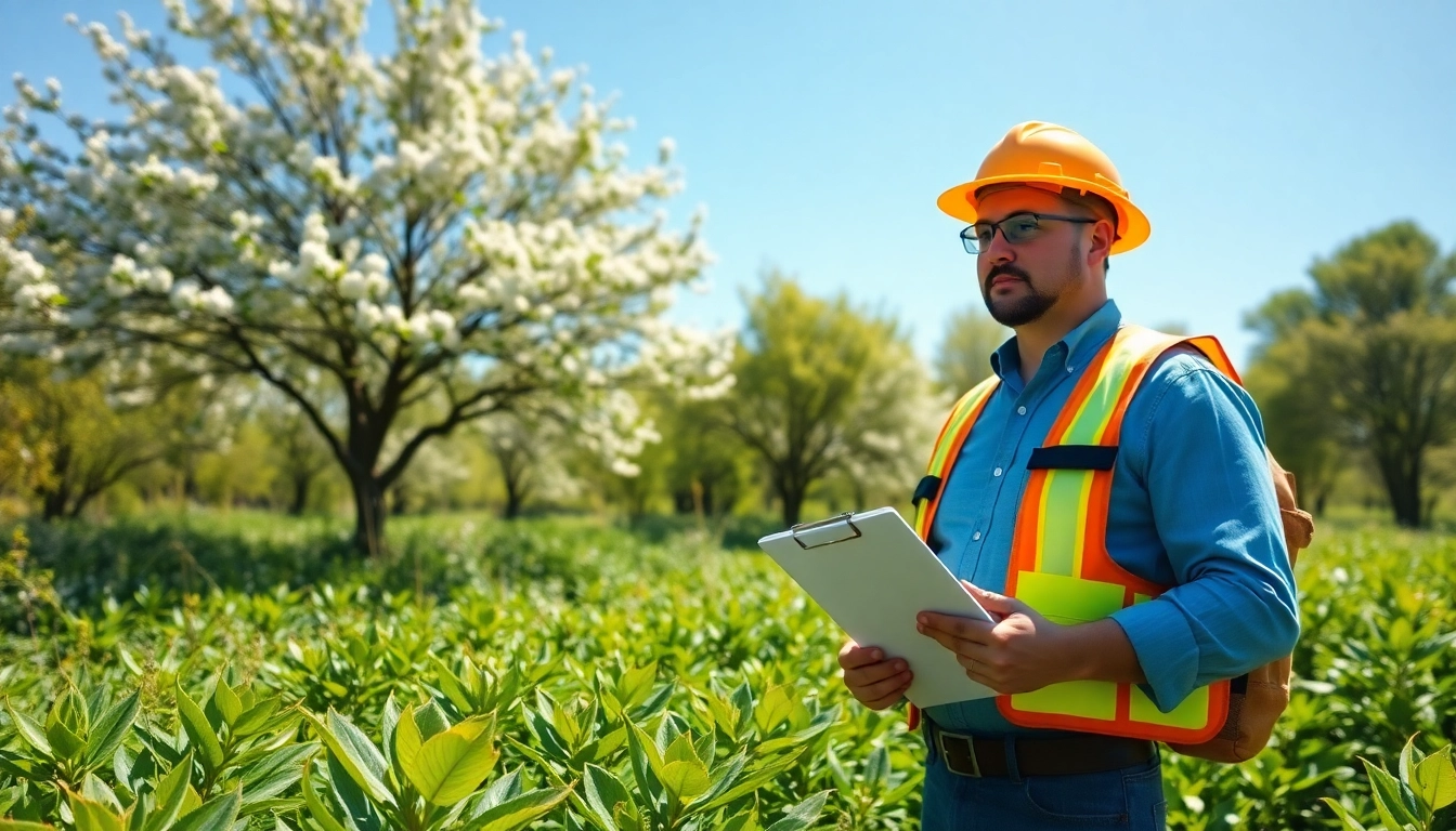 CYB Environmental consultant analyzing a sustainable landscape with vibrant flora.