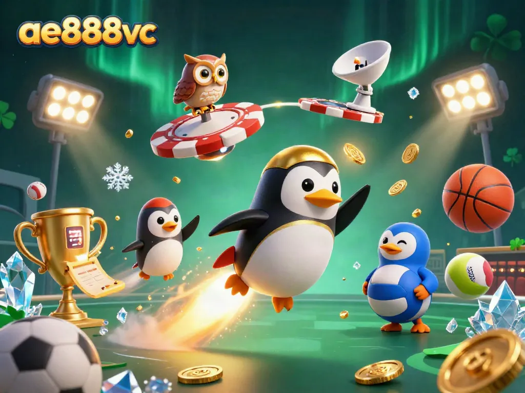 Experience moments with ae888vc as a golden penguin blasts off to a casino, paving the way for thrilling gaming.