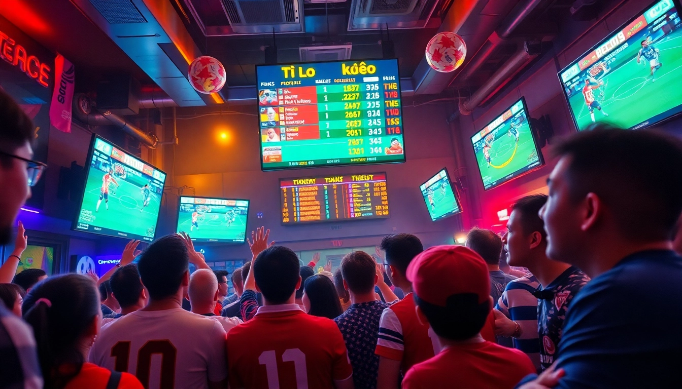 An exciting sports bar scene showcasing fans reacting to live football matches with real-time tỷ lệ kèo displayed, emphasizing the thrill of betting.
