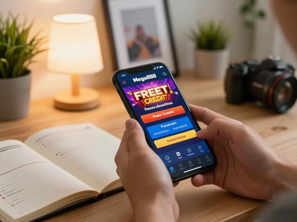 Engaging with free credit mega888 on a smartphone in a cozy home gaming setup, showcasing excitement for online gambling.