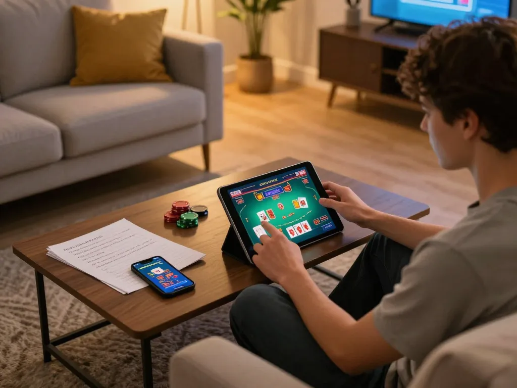 Enjoy playing casino senza licenza aams on a tablet in a cozy home gaming setup surrounded by strategic notes and drinks.