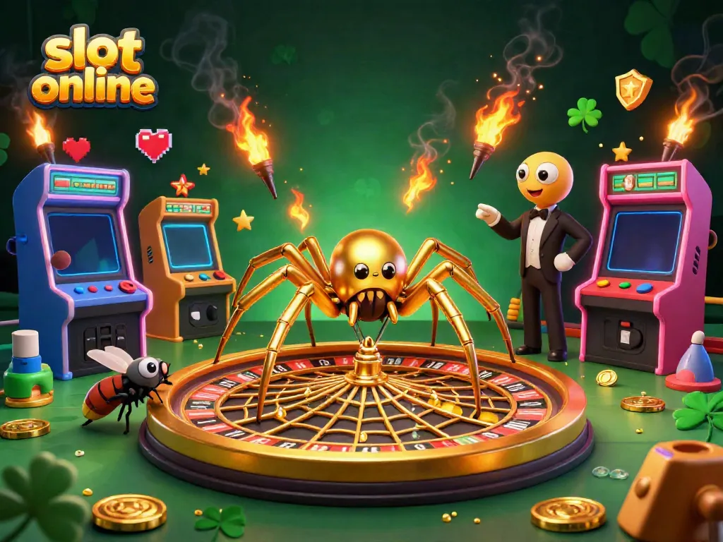 Beragam simbol slot online dalam ilustrasi kasino 3D, menampilkan laba-laba emas dan pengalaman bermain yang menarik.