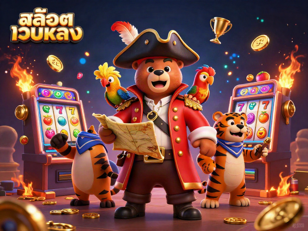 Experience the thrill of สล็อตเว็บตรง with a dynamic 3D scene featuring animated pirate characters and slot elements.